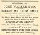 Advertisement for John Walker and Co., timber merchants, Corporation Street and Spring Street