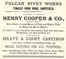 Advertisement for Henry Cooper and Co., steel rivet and castings manufacturers, Vulcan Rivet Works, Tinsley Park Road, Darnall