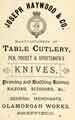 Advertisement for Joseph Haywood and Co., table cutlers and knife manufacturers, Glamorgan Works, Little Pond Street