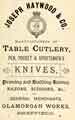 Advertisement for Joseph Haywood and Co., table cutlers and knife manufacturers, Glamorgan Works, Little Pond Street