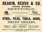 Advertisement for Deakin, Reuss and Co., edge tools and cutlery manufacturers, Tiger Works, West Street