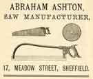Advertisement for Abraham Ashton, saw manufacturer, No.17 Meadow Street, Netherthorpe