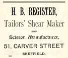 Advertisement for H. B. Register, tailors' shear maker and scissor manufacturer, No.51 Carver Street
