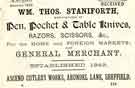 Advertisement for Wm. Thos. Staniforth, knife, razor and scissor manufacturers, Ascend Cutlery Works, Arundel Lane