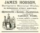 Advertisement for James Hobson, monuments, tombs and headstones, Burngreave Memorial Works, No.20 Burngreave Street