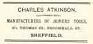 Advertisement for Charles Atkinson (late Atkinson Brothers), manufacturers of joiners tools, No.37 Thomas Street and Broomhall Street