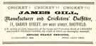 View: y12075 Advertisement for James Gill, cricket and lawn tennis outfitter, No.11 Carver Street