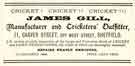 Advertisement for James Gill, cricket and lawn tennis outfitter, No.11 Carver Street