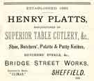 Advertisement for Henry Platts, cutlery manufacturers, Bridge Street Works