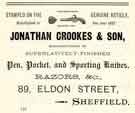 Advertisement for Jonathan Crookes and Son, pen, pocket and sporting knife and razor manufacturers, No.89 Eldon Street
