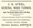 Advertisement for J. K. Steel, general wood turner, Porter Island Works, Sylvester Gardens