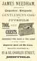 Advertisement for James Needham, manufacturers of carpenters, emigrants, tool chests, etc., Nos.81-83 Charles Street
