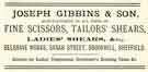 Advertisement for Joseph Gibbons and Son, manufacturers of scissors and tailors shears, Belgrave Works, Sarah Street, Brookhill