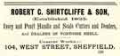 Advertisement for Robert C. Shirtcliffe and Son, ivory and pearl handle and scale cutters and dealers, Central Works, No.104 West Street Advertisement for Robert C. Shirtcliffe and Son, ivory and pearl handle and scale cutters and dealers, Central Works, No.104 West Street