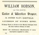 Advertisement for William Hobson, tailor and woollen draper, No.18 Change Alley Advertisement for William Hobson, tailor and woollen draper, No.18 Change Alley