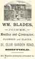 Advertisement for Wm. Blades, joiner and builder, No.31 Club Garden Road