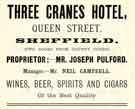 Advertisement for Three Cranes Hotel, No.74 Queen Street