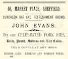 Advertisement for John Evans, luncheon bar and refreshment rooms, No. 55 Market Place