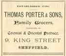 Advertisement for Thomas Porter and Sons, family grocers, No. 9 King Street