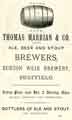Advertisement for Thomas Marrian and Co. Ltd., brewers, Burton Weir Brewery, Attercliffe Road