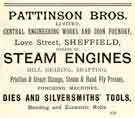 View: y12209 Advertisement for Pattinson Bros. Ltd., steam engine manufacturers, Central Engineering Works and Iron Foundry, Love Street
