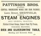 Advertisement for Pattinson Bros. Ltd., steam engine manufacturers, Central Engineering Works and Iron Foundry, Love Street