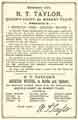 Advertisement for R. T. Taylor, mineral water manufacturer, Queen's Court, No. 82 Market Place