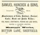 Advertisement for Samuel Hancock and Sons, Mazeppa Works, Button Lane Advertisement for Samuel Hancock and Sons, Mazeppa Works, Button Lane