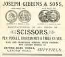 Advertisement for Joseph Gibbins and Sons and Sons, scissor and knife manufacturers, Oxford Road Works, Oxford Road Advertisement for Joseph Gibbins and Sons and Sons, scissor and knife manufacturers, Oxford Road Works, Oxford Road