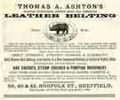 Advertisement for Thomas A. Ashton, manufacturers of leather belting, Nos. 36, 40 and 42 Norfolk Street