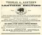 Advertisement for Thomas A. Ashton, manufacturers of leather belting, Nos. 36, 40 and 42 Norfolk Street