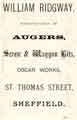 Advertisement for William Ridgway, manufacturers of augers, screw and waggon bits, Oscar Works, St.Thomas Street