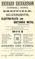 Advertisement for Richard Richardson, silversmith and electro-plate and Britannia metal manufacturer, Cornwall Works, South Parade, Netherthorpe