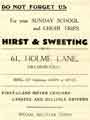 Advertisement for Hirst and Sweeting Ltd., No. 61 Holme Lane, Hillsborough in the Hillsborough Hospital Sunday, 34th Music Festival at Sheffield Wednesday Football Club Ground
