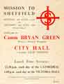 Flyer for Mission to Sheffield held Monday 4th June to Thursday 14th June 1956. Services conducted by Canon Bryan Green at City Hall, Victoria Hall and the Cathedral