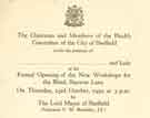 Invitation to the official opening of the New Workshops for the Blind, Sharrow Lane, Sheffield, by the Lord Mayor of Sheffield, (Alderman C. W. Beardsley, J.P.) on Thursday 23rd 