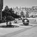 Steel ball sculptures outside the rear entrance to the Winter Garden, looking across the Peace Gardens towards Pinstone Street