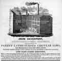 Advertisement for John Davenport, Rockingham Street, 'sole inventor of the patent lathe-turned circular saws'