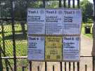 Covid-19 pandemic: Posters from the National Education Union / TUC calling for 5 tests to be met before schools were reopened, Meersbrook Park