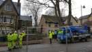 Contractors waiting to remove trees on Thornsett Road during protest against tree felling
