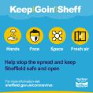 Covid-19 pandemic: Sheffield City Council graphic - hands, face, space, fresh air. Help stop the spread and keep Sheffield safe and open
