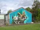 Fox and flowers mural by artist Faunagraphic (artist, Sarah Yates) on side of Meersbrook Park Community Pavilion, Meersbrook Park Road