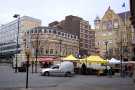 Continental Market, Fargate showing (right) entrance to Orchard Square Shopping Centre, (centre) Fountain Precinct, offices and Beethoven House, Leopold Street and (right) New Oxford House, offices