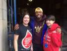 View: a07982 Sheffield's Lord Mayor, Magic Magid with Shelley and Jo from GiveBloodNHS at the Town Hall