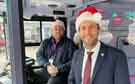 Councillor Ben Miskell, Chair of the Transport, Regeneration and Climate Policy Committee with a Sheffield bus driver at the launch of the Christmas Travel Offer