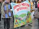 Banner reading 'City of Sanctuary, Sheffield Welcomes Refugees' at the demonstration against Racism and in support of refugees, Tudor Square