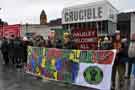 Banners at the demonstration against Racism and in support of refugees, Tudor Square showing (back) Crucible Theatre Banners at the demonstration against Racism and in support of refugees, Tudor Square showing (back) Crucible Theatre