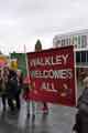 Banner at the demonstration against Racism and in support of refugees, Tudor Square showing (back) Crucible Theatre Banner at the demonstration against Racism and in support of refugees, Tudor Square showing (back) Crucible Theatre