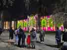 Light show projecting art work onto Sheffield Cathedral, Church Street