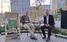 Councillor Ben Miskell, Chair of Sheffield City Council's Transport, Regeneration and Climate Policy Committee with (left) Alex Moore, founder of Hygge Cafe, [Elshaw House, Carver Street]
